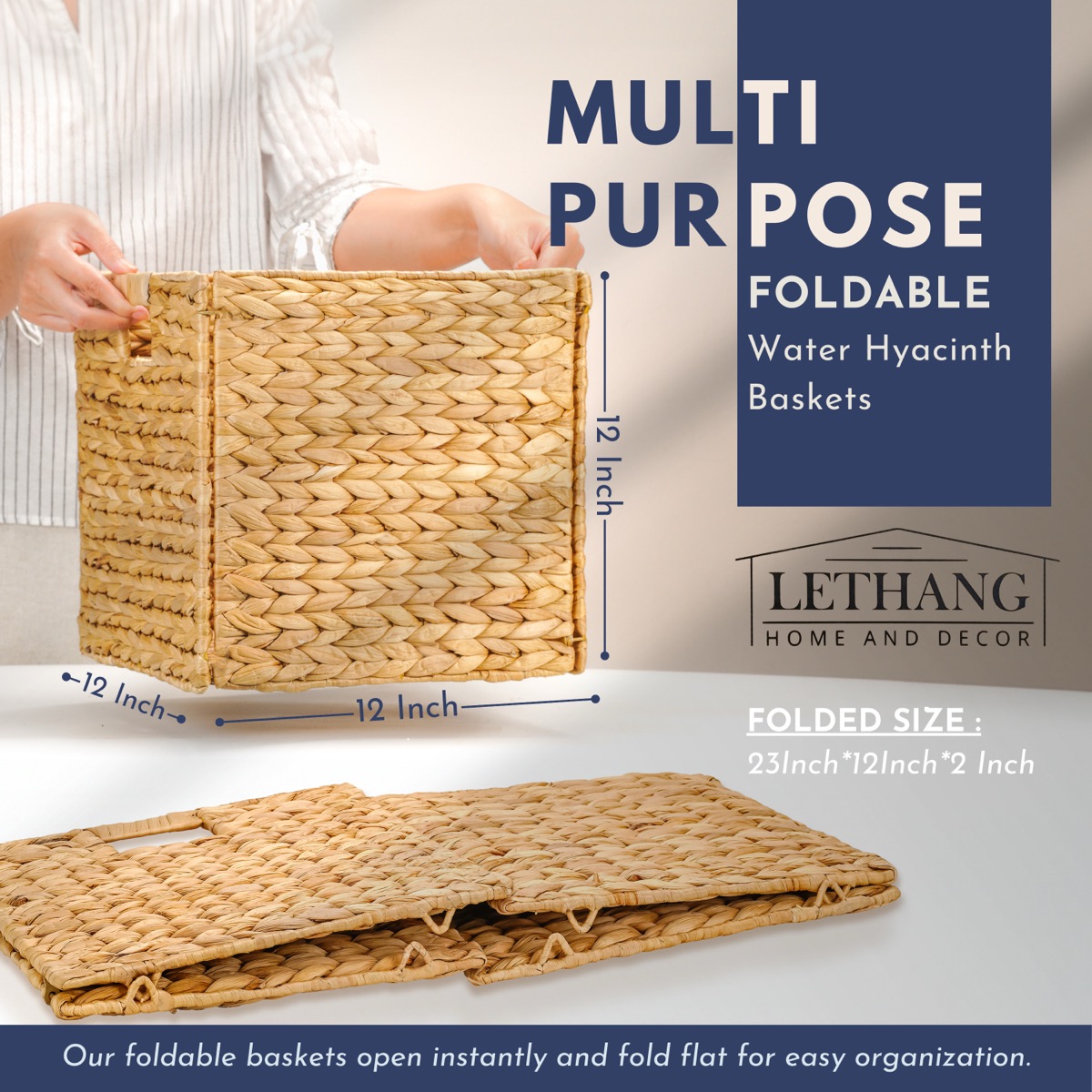Foldable 12 inch water hyacinth basket detail image